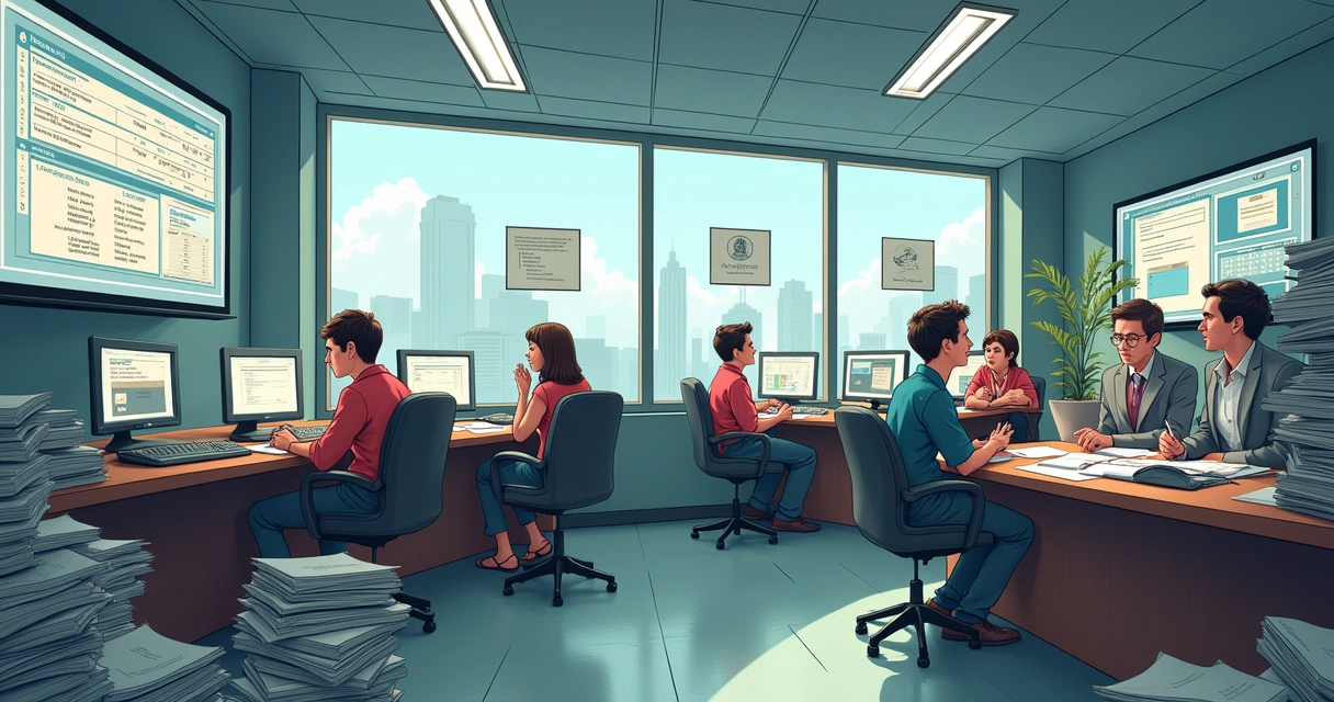Computadores e pilhas de processos representando desafios do INSS. 