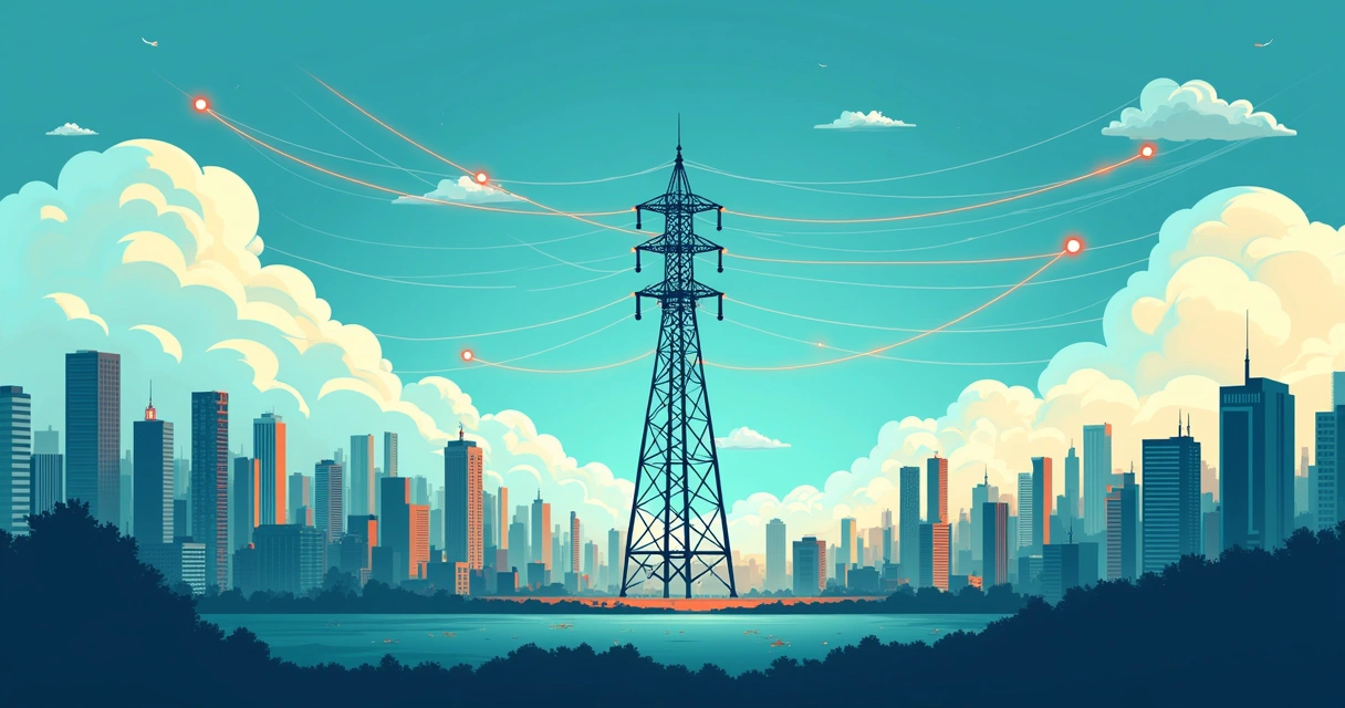 Ilustração de desafios enfrentados por provedores de internet com torre, cidade moderna e ícones de segurança cibernética.