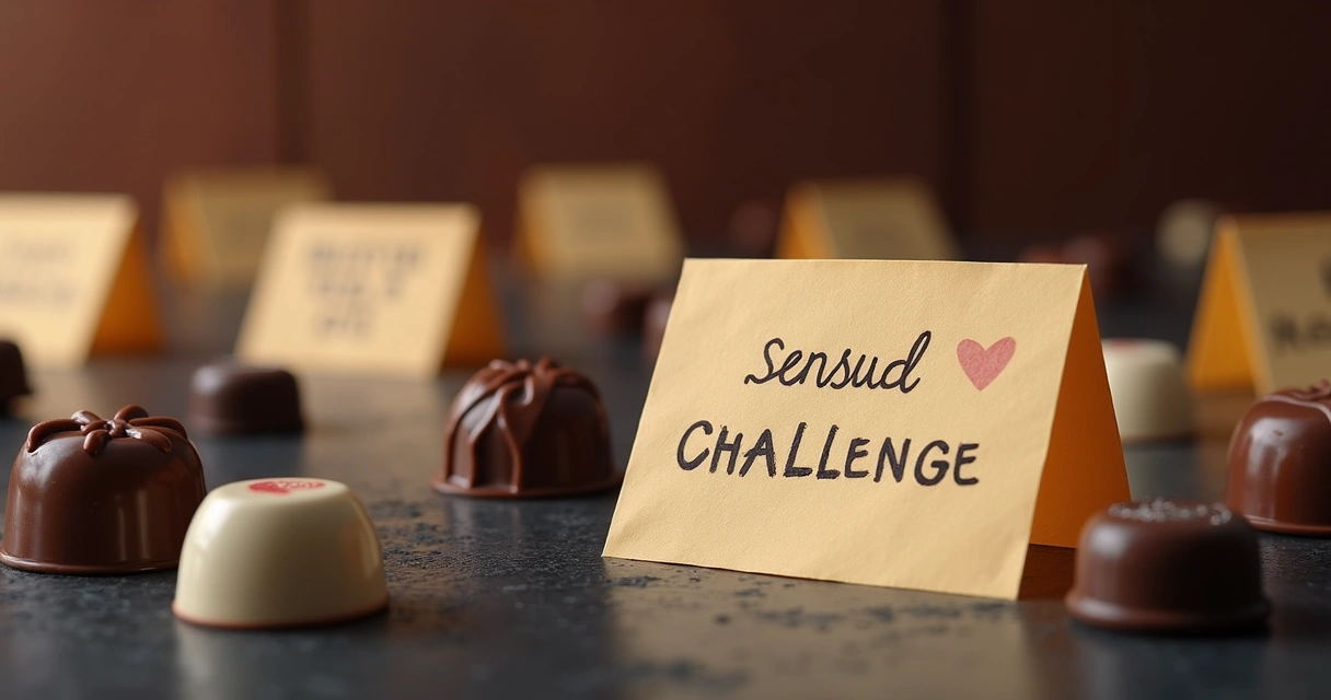 Papéis dobrados com desafios sensuais e chocolates sobre uma mesa 