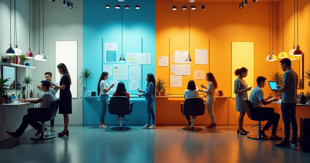 Salão de beleza moderno com desafios da gestão: tempo, capacitação, marketing e feedback dos clientes.