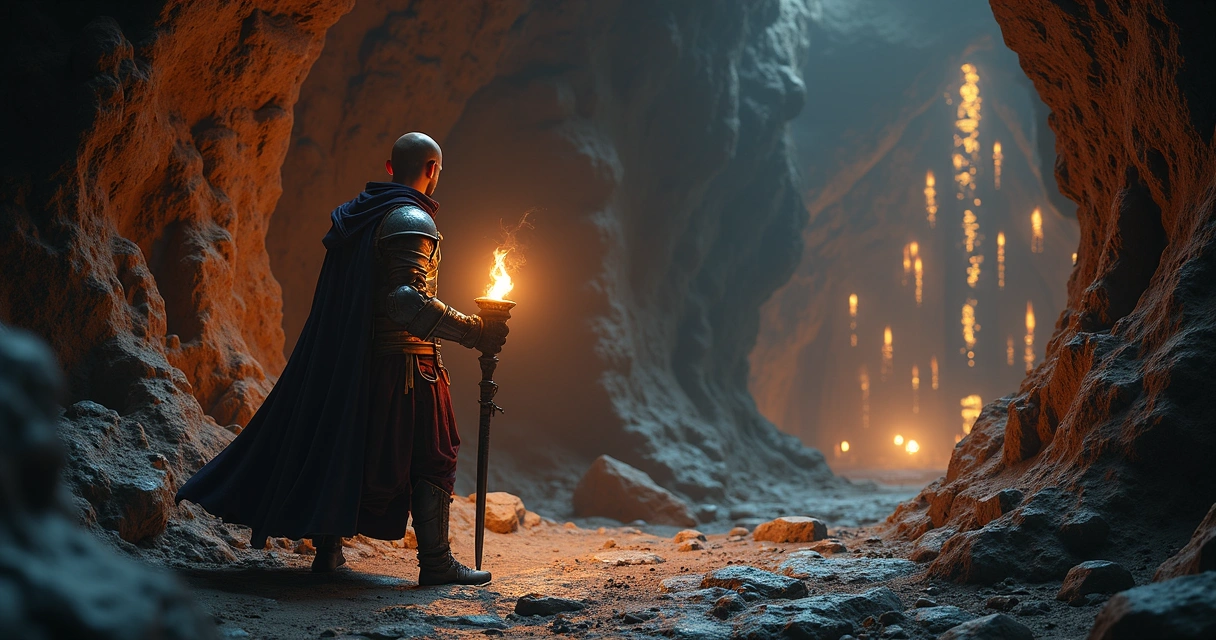 Personagem de jogo Tibia em armadura antiga explorando uma caverna escura com runas brilhantes nas paredes 