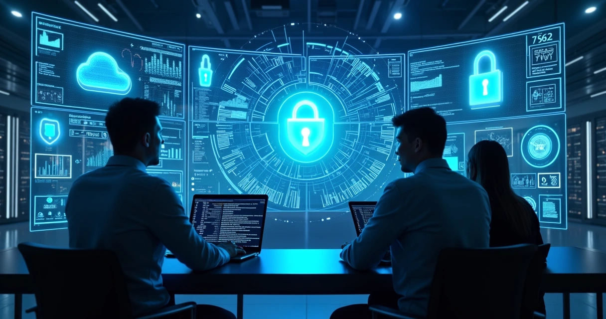 Profissionais de TI analisando gráficos e dados de segurança em telas digitais modernas 