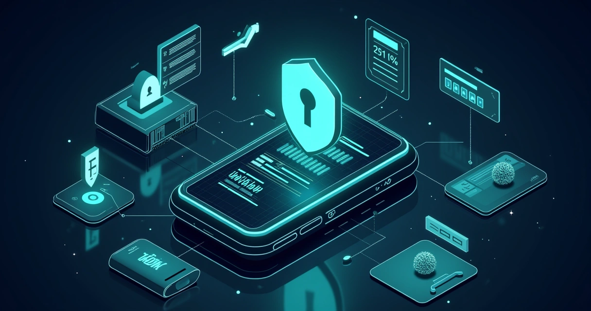 Representación de desafíos de seguridad en plataformas Fintech con dispositivos móviles y símbolos de protección.