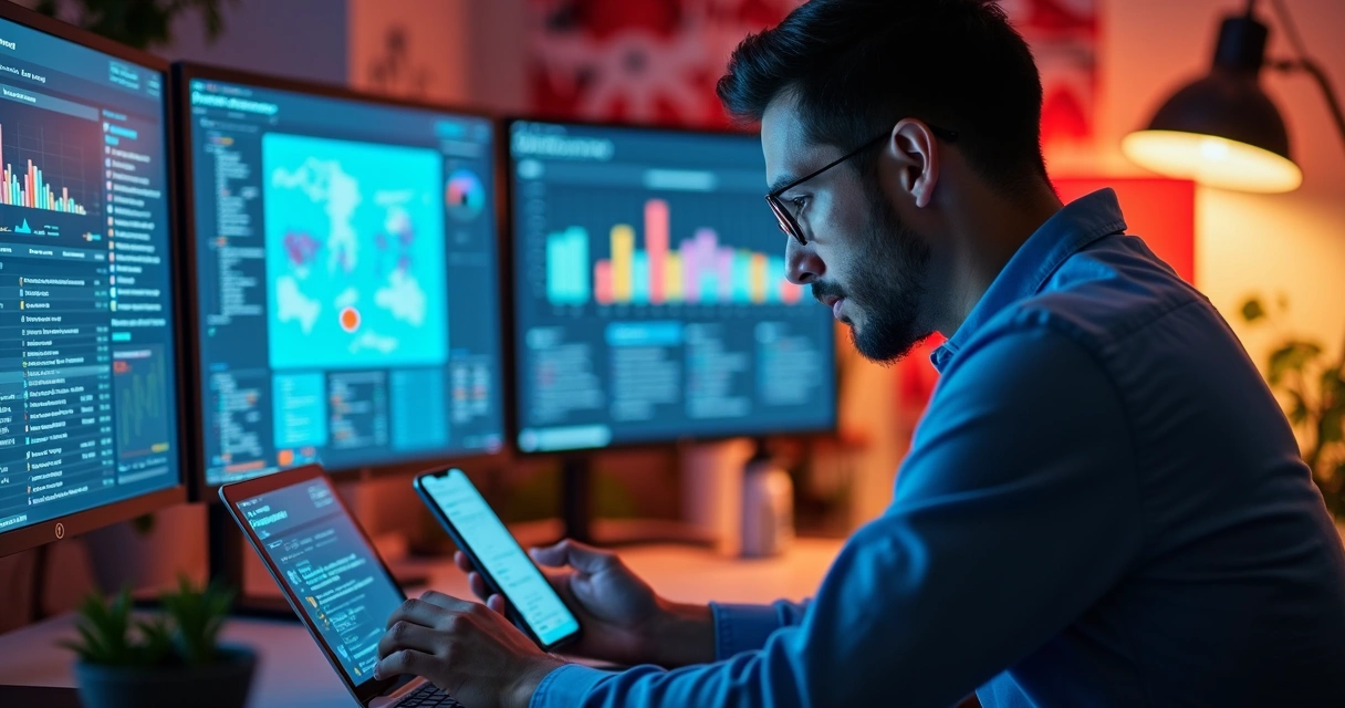 Pessoa controlando várias redes sociais em monitores e notebook ao mesmo tempo 