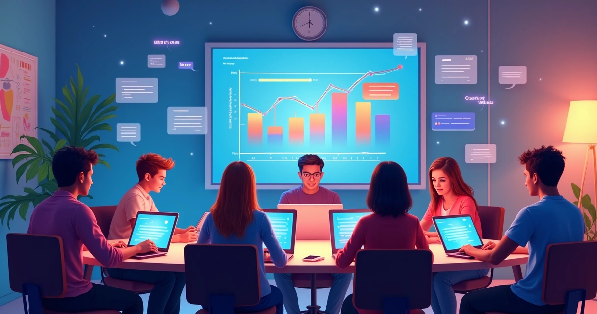 Grupo de alunos em ambiente virtual enfrentando desafio coletivo