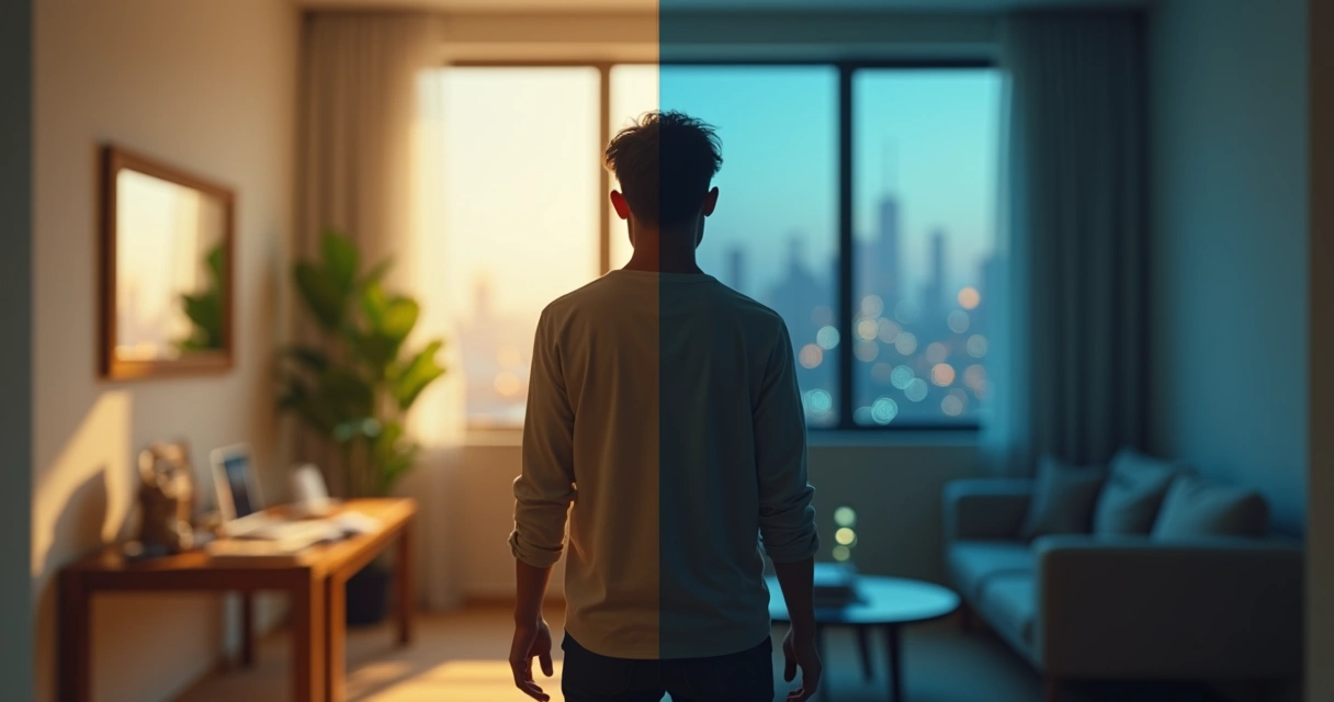 Persona mirando su reflejo fragmentado entre luz y sombra 