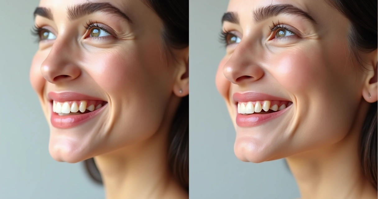 Comparação entre rosto com dentes alinhados e desalinhados visto de perfil