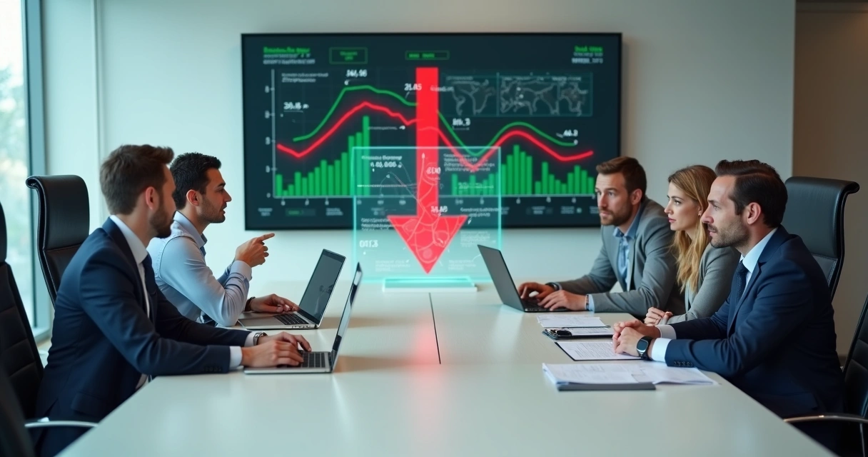 Equipe de marketing e vendas em lados opostos separados por gráfico em queda 