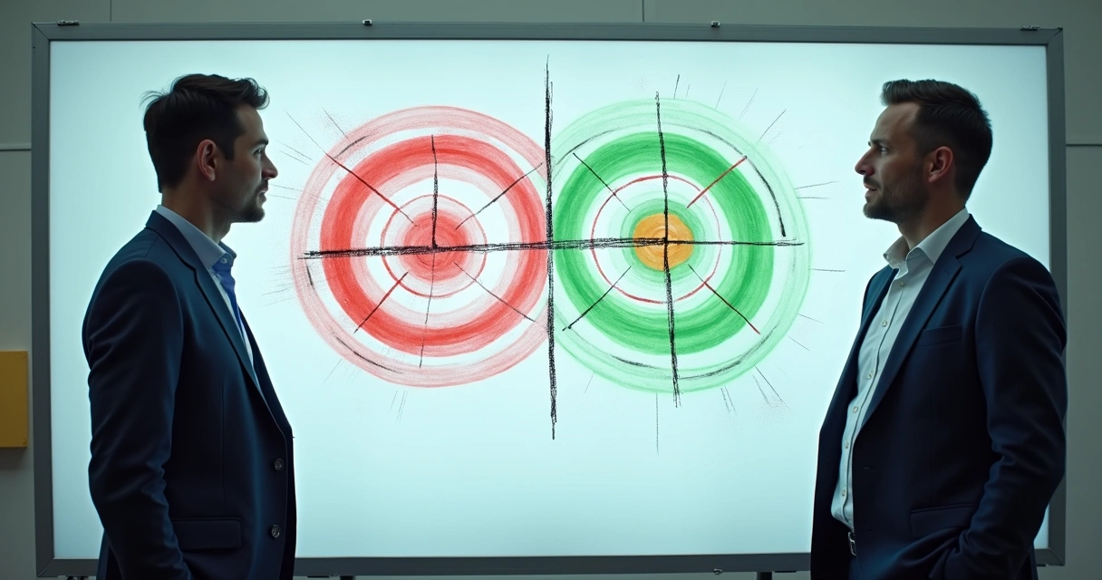 Dois líderes diante de quadro com metas conflitantes, olhando preocupados 