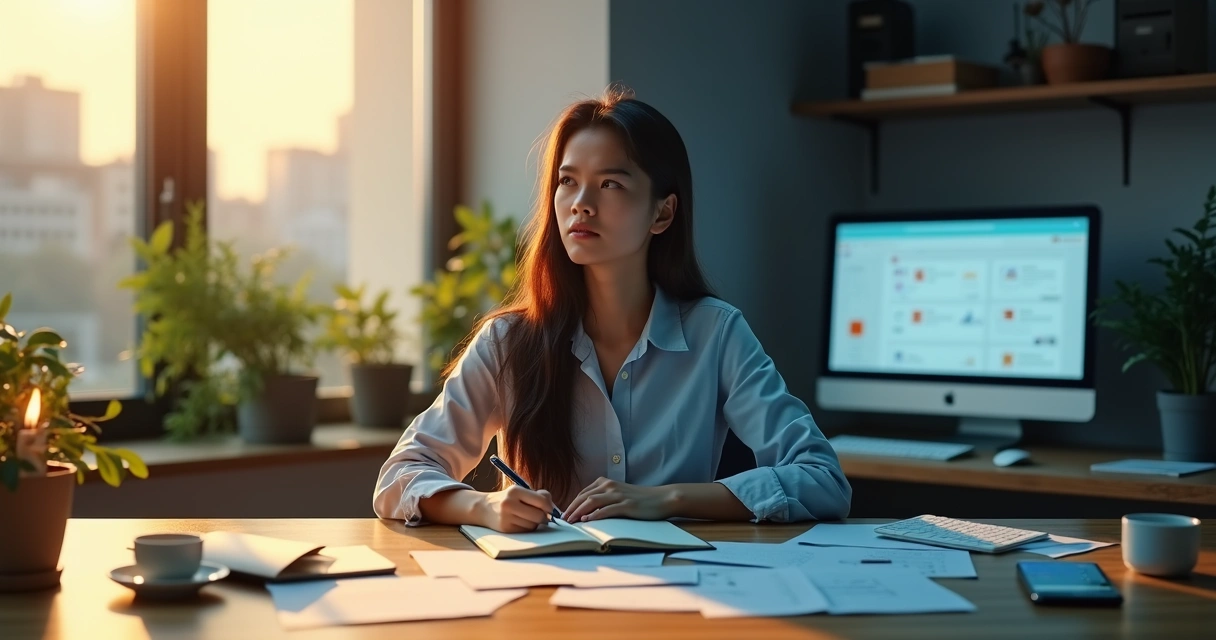 Pessoa em mesa de trabalho dividida entre luz e sombra simbolizando desalinhamento entre propósito e ação 