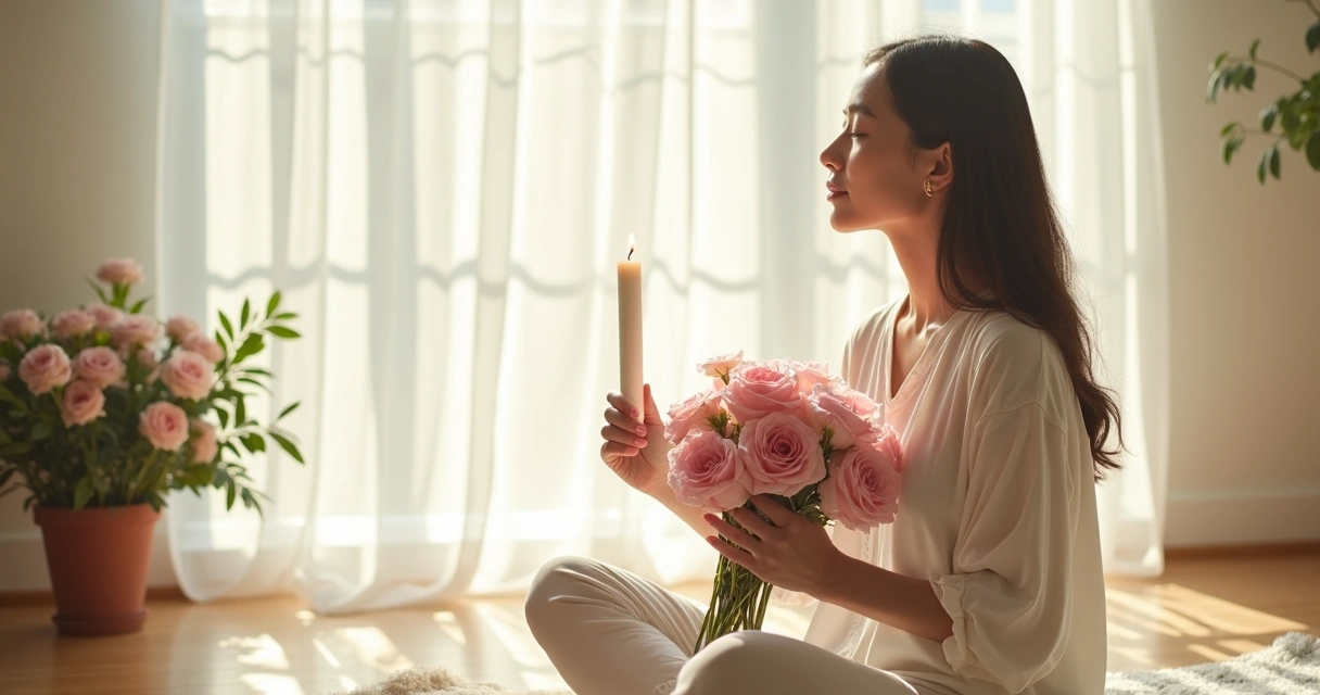 Mulher serena segurando flores e uma vela acesa