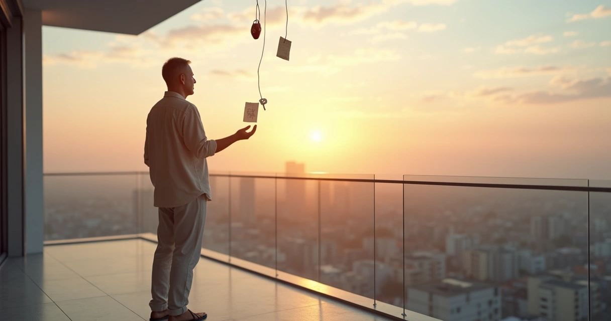Pessoa em varanda alta soltando pequenos objetos sobre a cidade ao pôr do sol 