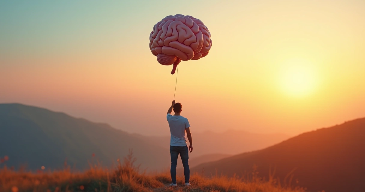 Pessoa em pé deixando uma bexiga em forma de cérebro flutuar no céu ao pôr do sol 
