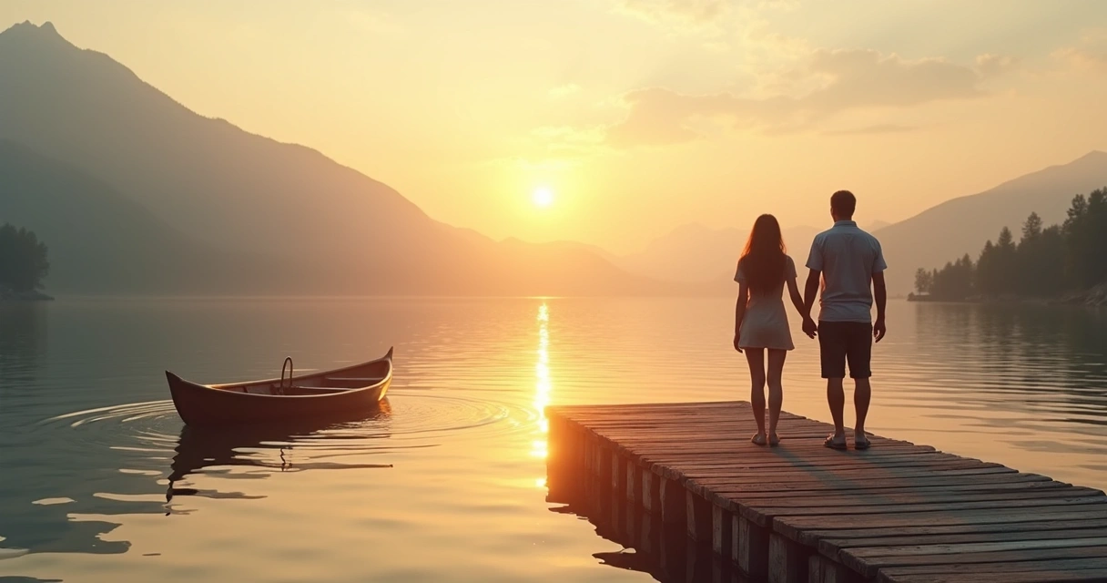 Pessoa em pé à beira de um lago deixando um barco partir enquanto outra pessoa permanece ao lado de mãos dadas 