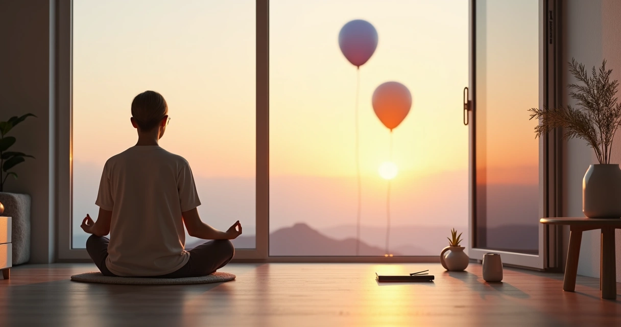 Persona sentada meditando frente a una ventana soltando globos que se alejan 