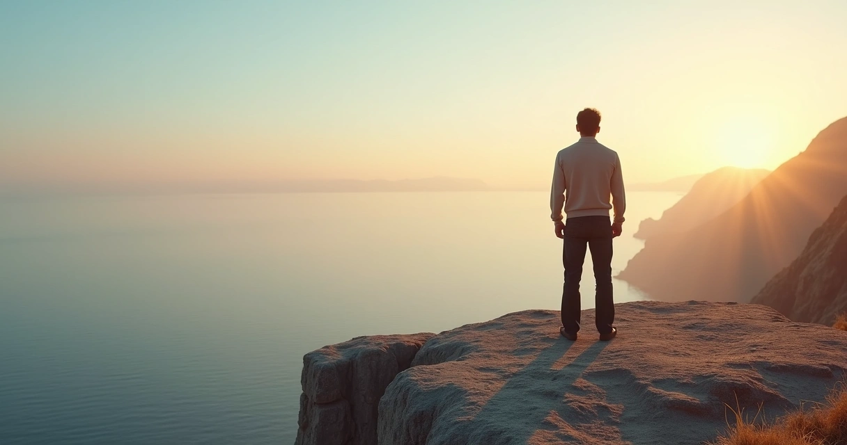 Pessoa solitária em pé em penhasco diante de horizonte aberto simbolizando desapego consciente e paz interior 