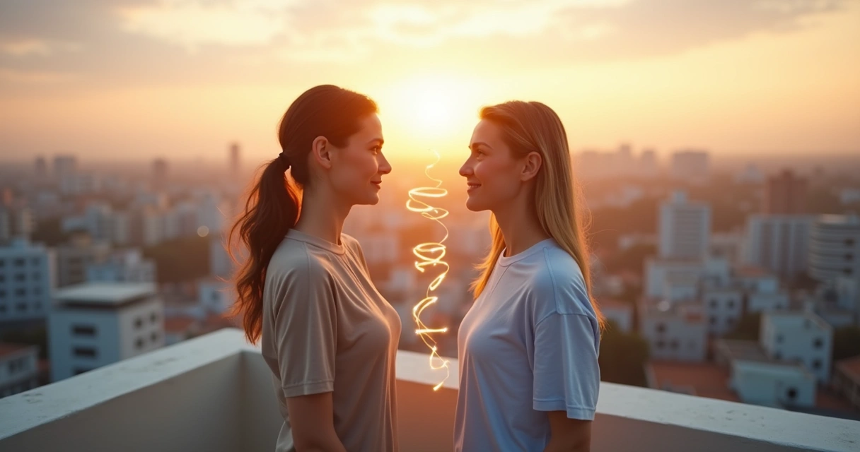 Duas pessoas em terraços diferentes conectadas por fitas se desfazendo ao pôr do sol 