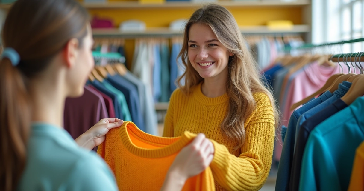 Pessoa entregando um casaco colorido para doação, com fundo de prateleiras de roupas organizadas 