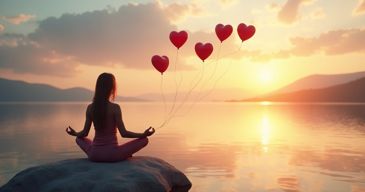 Persona meditando soltando globos en forma de corazones al atardecer 