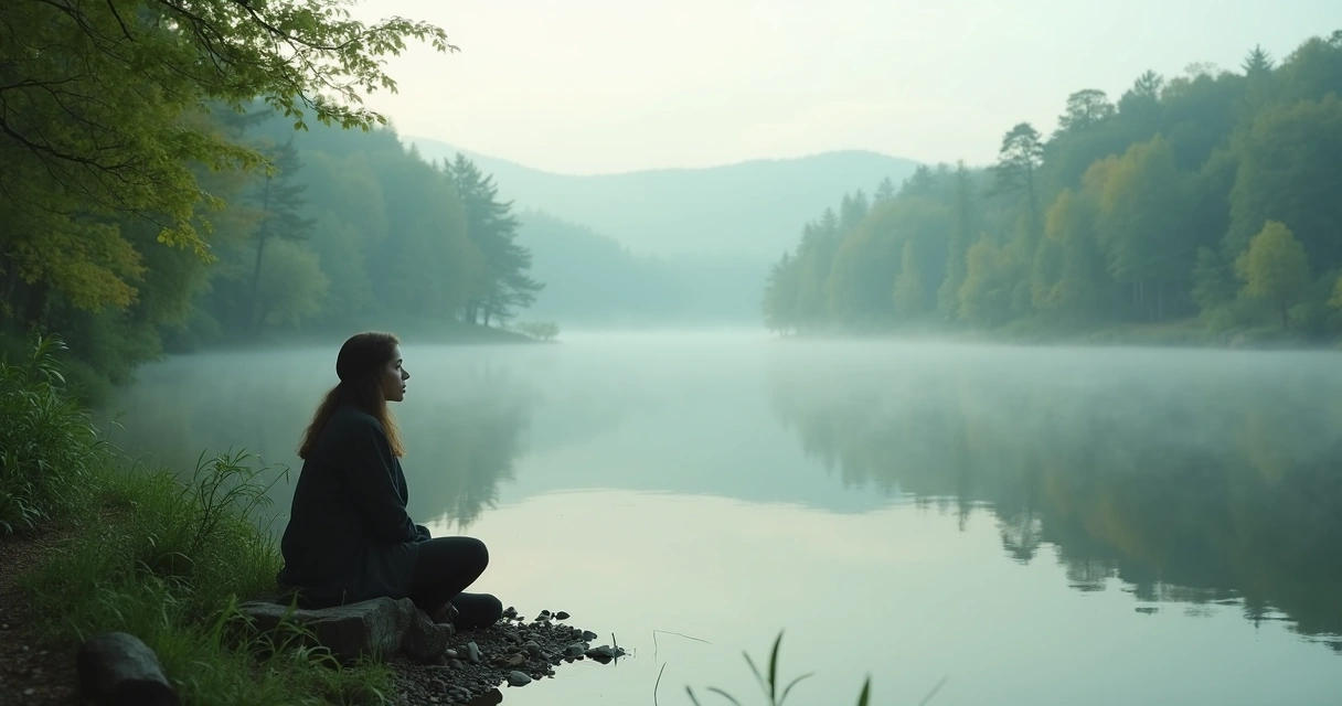 Pessoa sentada à beira de um lago em meio à natureza