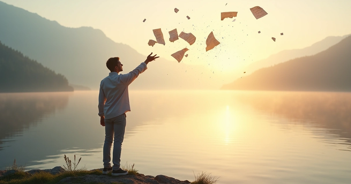 Pessoa soltando papéis no vento em uma paisagem tranquila simbolizando desapego emocional 