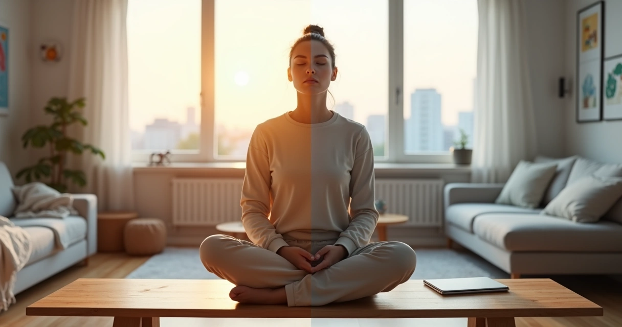 Persona centrada entre familia y trabajo simbolizando desapego equilibrado 