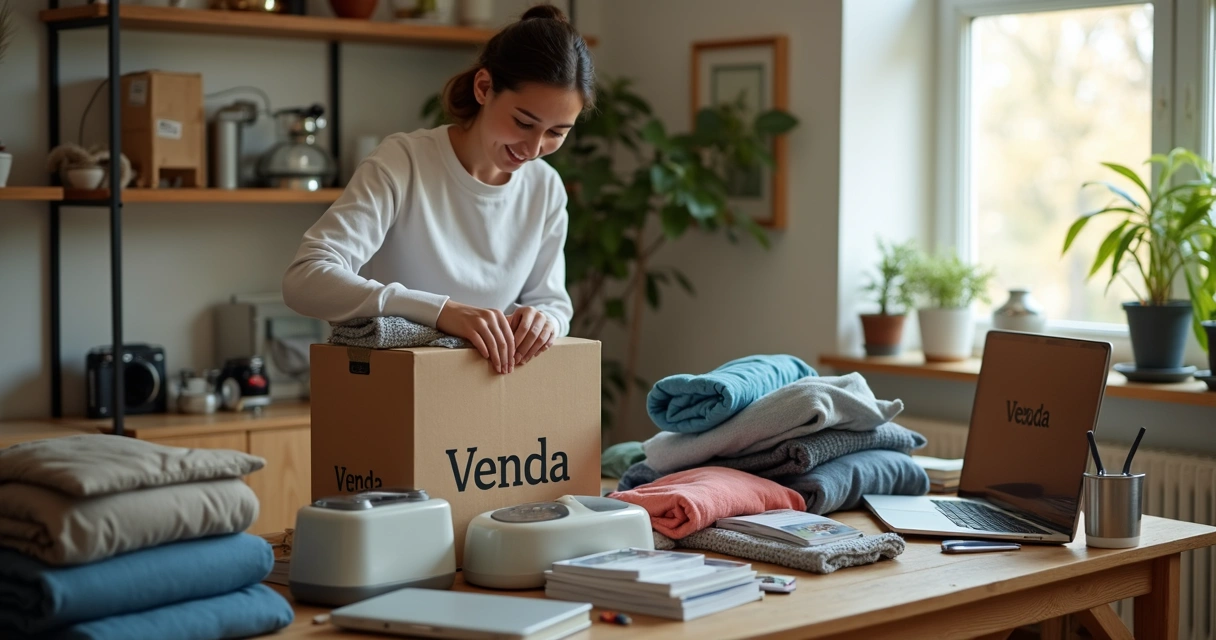 Pessoa separando roupas e eletrônicos para vender 