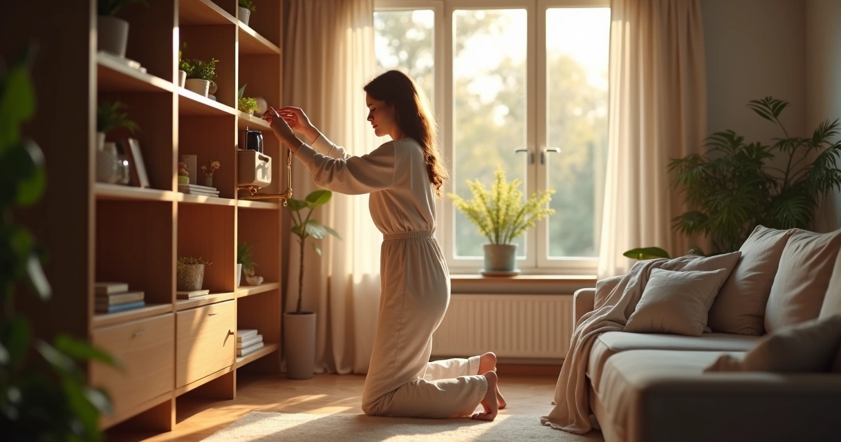 Mulher sorrindo retirando objetos quebrados de uma estante 