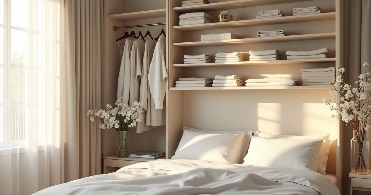 Armário organizado com roupas dobradas e espaço livre