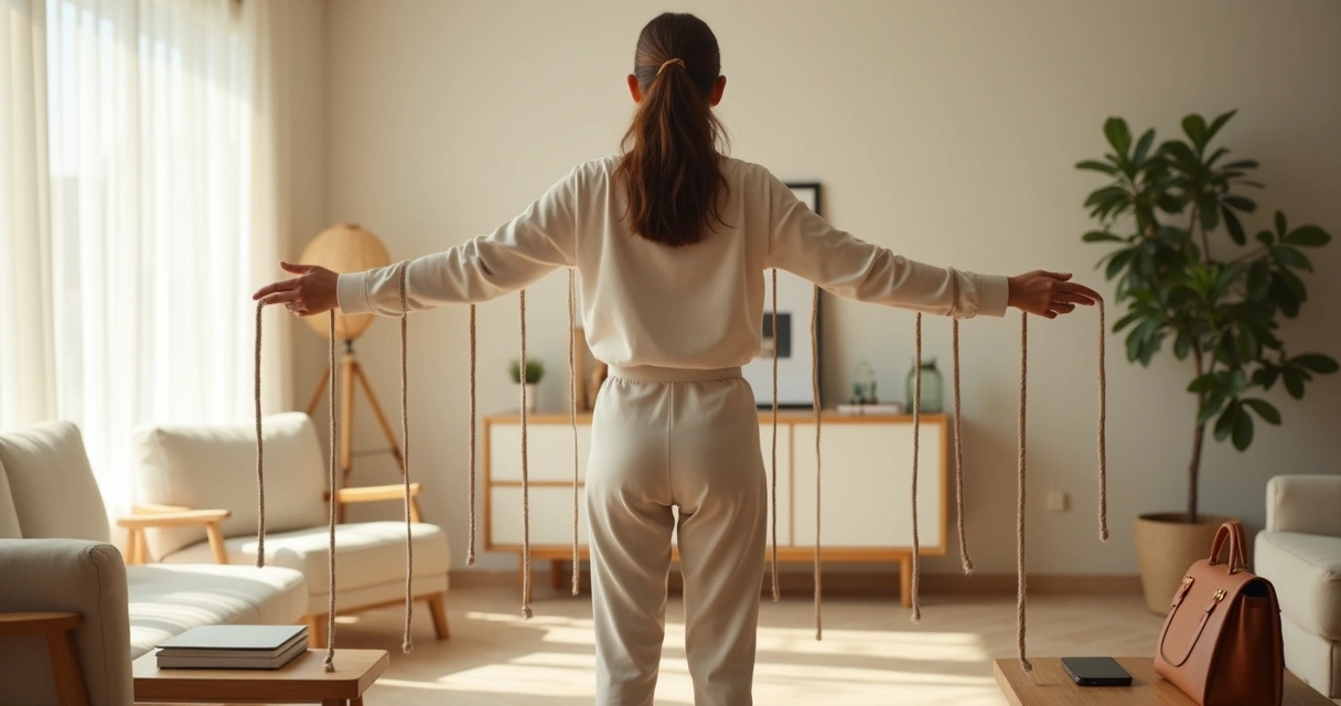 Persona soltando cuerdas que la atan a objetos en una habitación luminosa 