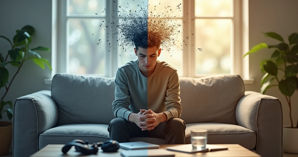 Pessoa sentada no sofá com mente dividida entre caos e serenidade 
