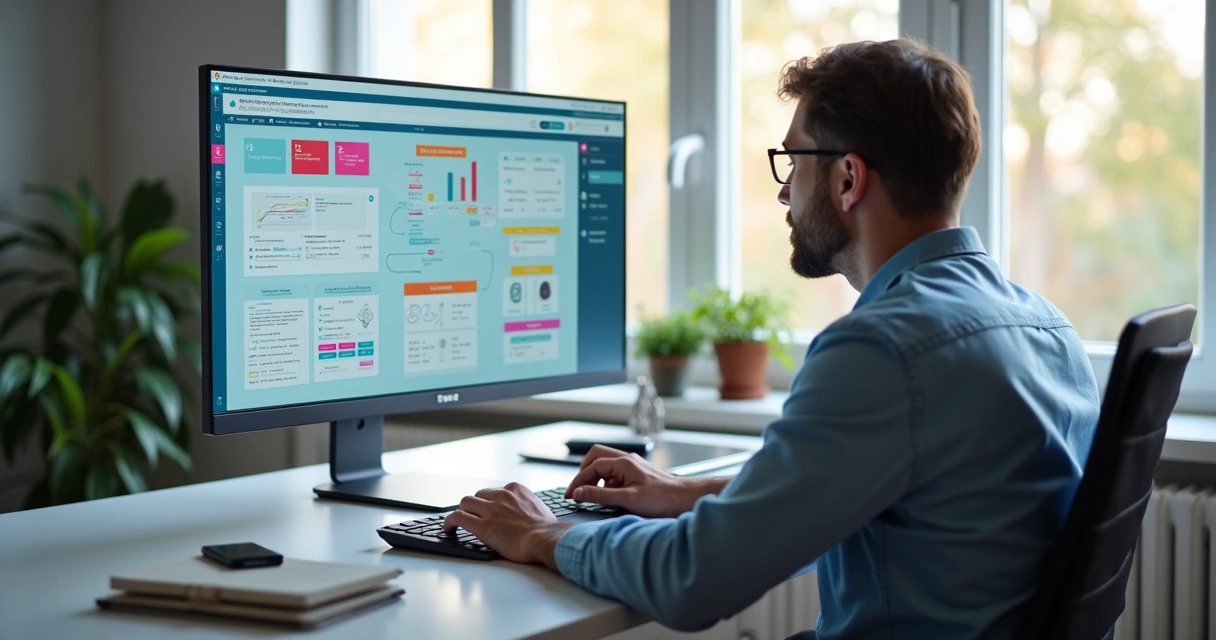 Persona trabajando en computadora creando una app sin código con herramientas digitales en escritorio moderno 