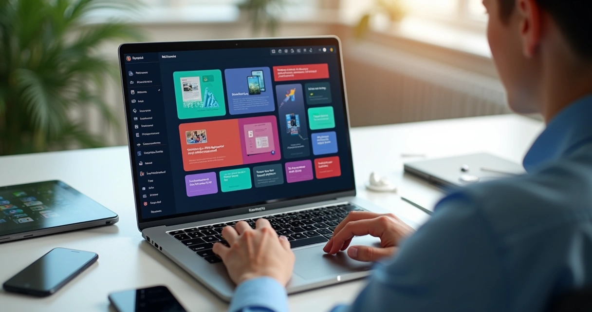 Persona diseñando una aplicación móvil no-code mediante inteligencia artificial en una computadora portátil moderna en un escritorio ordenado con elementos tecnológicos y una interfaz digital en pantalla