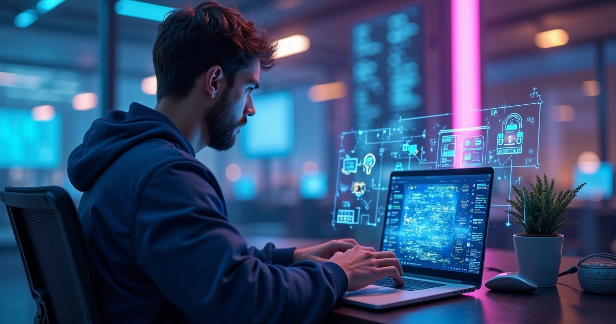 Persona usando laptop con pantalla que muestra interfaz de app no-code y elementos de inteligencia artificial en fondo tecnológico 
