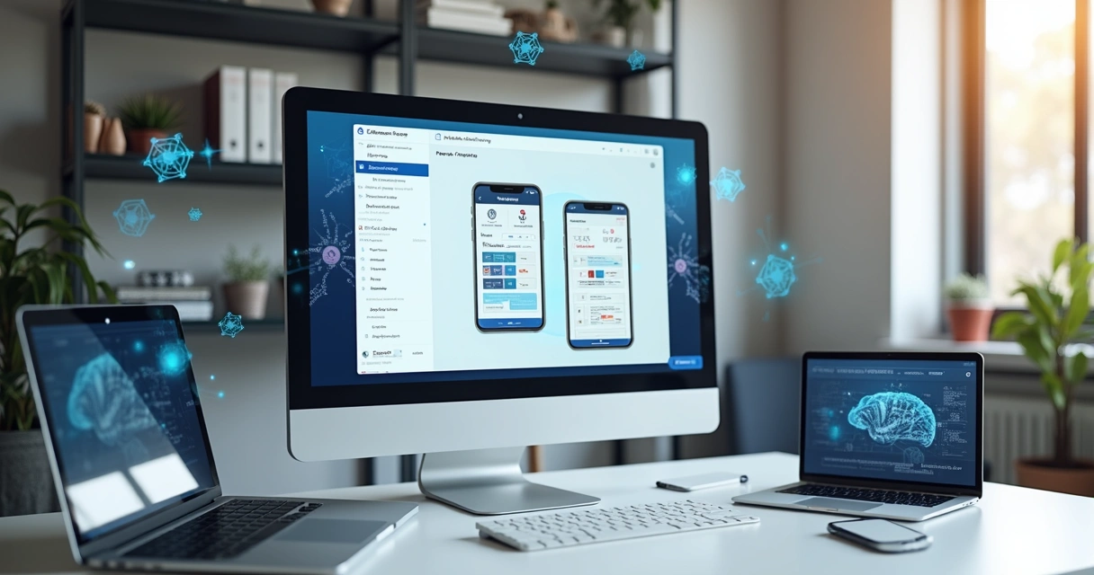 Pantalla de computadora mostrando una aplicación no-code en desarrollo con inteligencia artificial, escritorio moderno con elementos digitales y apps móviles en fondo 