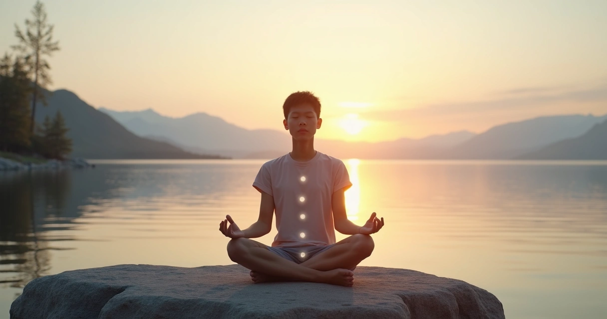 Persona en meditación observando un camino ascendente de luz 