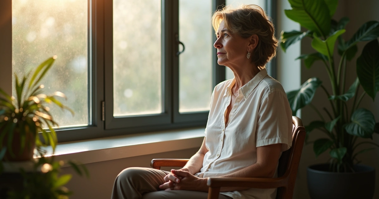 Mujer reflexionando junto a una ventana, luz suave entrando, expresión pensativa y calmada 