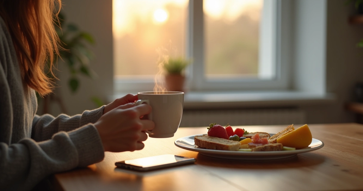 Persona sentada con una taza observando su desayuno junto a una ventana