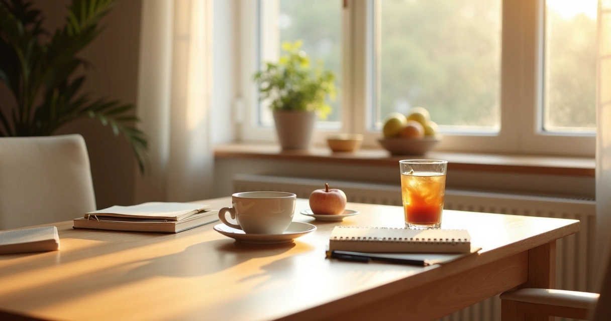 Mesa de desayuno junto a ventana con luz suave de la mañana 