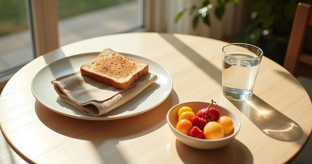 Mesa de desayuno simple con agua, fruta y luz natural de la mañana 