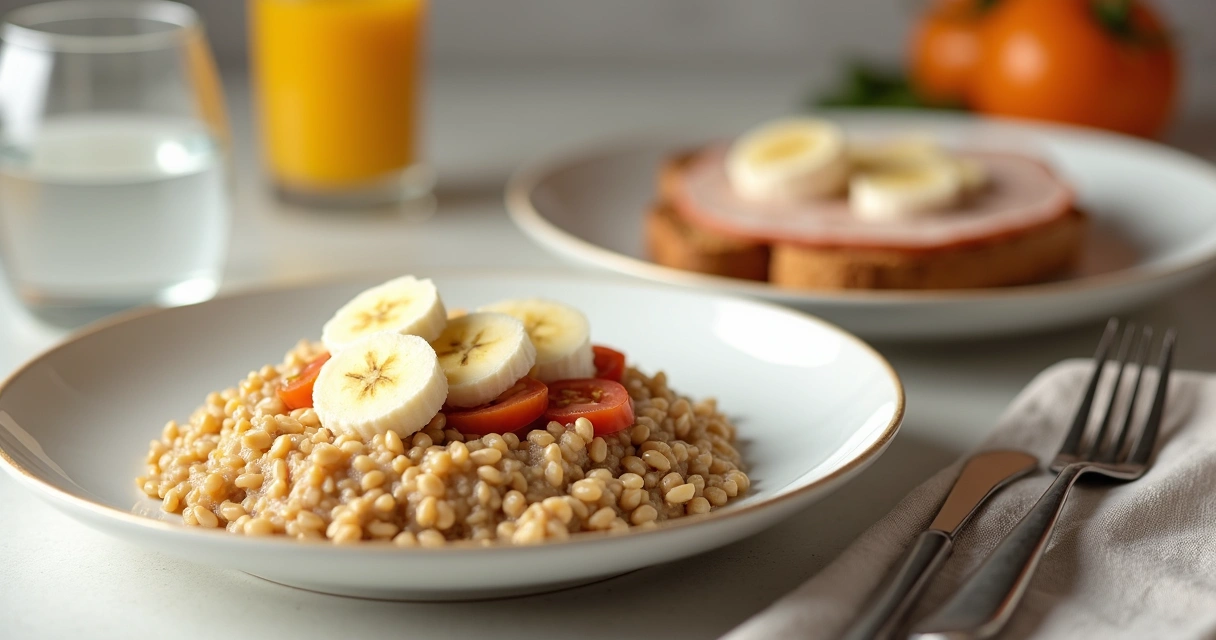 Avena con plátano y yogurt, y pan integral con tomate y pavo en un plato de desayuno 