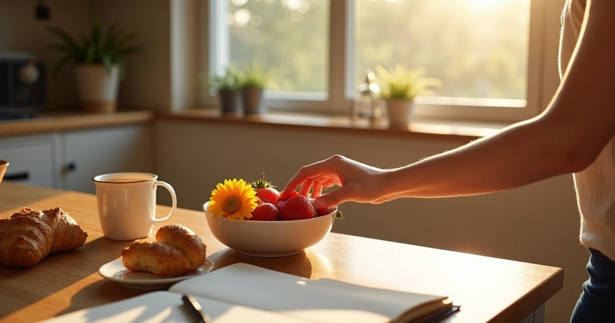 Mesa con desayuno saludable y luz natural 