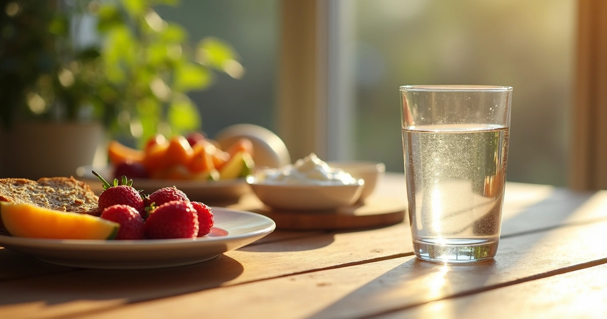 Vaso de agua junto a desayuno saludable sobre una mesa de madera 