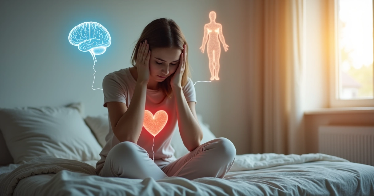 Mujer sentada con la cabeza entre las manos rodeada de siluetas de mente corazón y cuerpo desconectados 