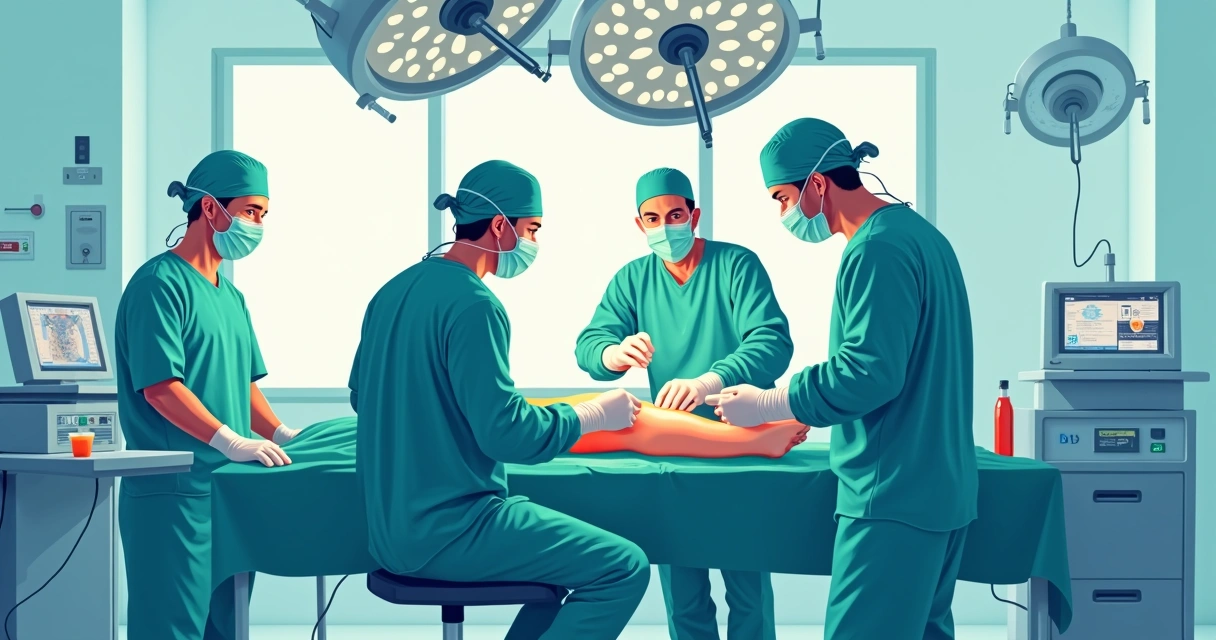 Uso de terapia antitoxina em infecções invasivas por Streptococcus pyogenes 3 Equipes médicas realizando desbridamento cirúrgico em paciente com fasceíte necrosante