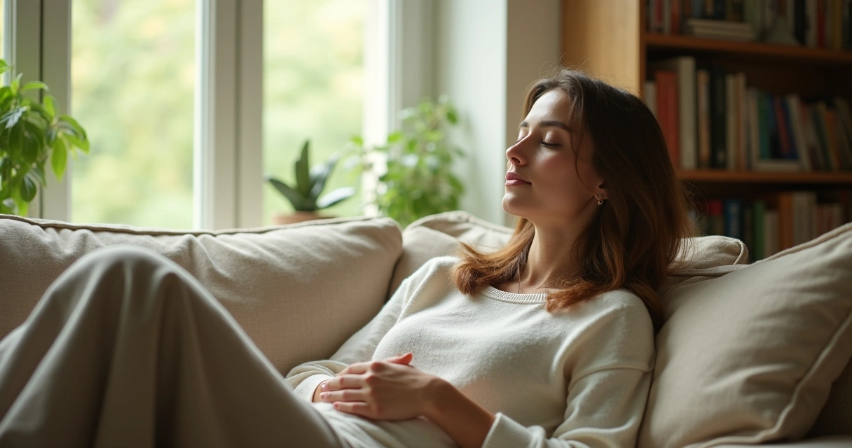 Persona relajada descansando en sofá junto a ventana con luz natural 
