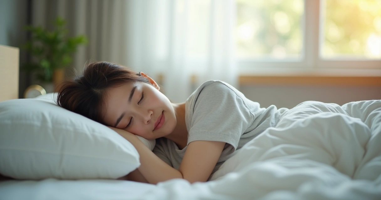 Pessoa repousando tranquilamente em uma cama com travesseiro branco 