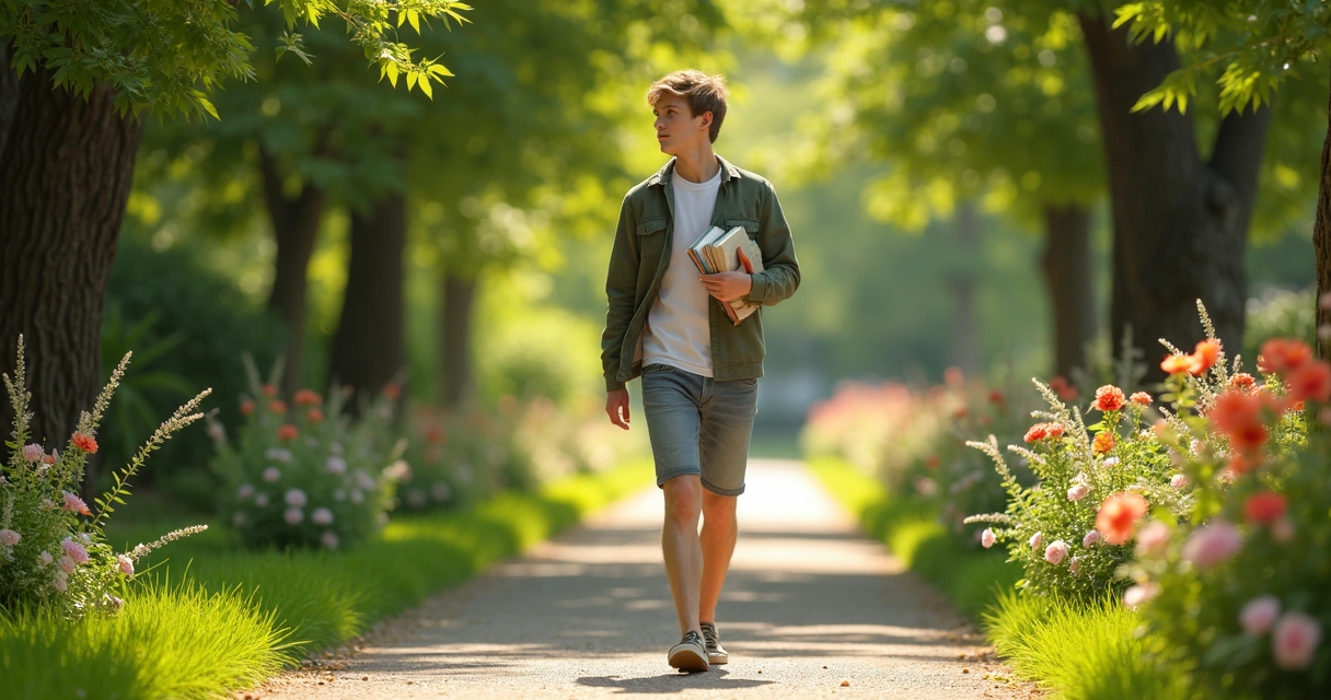 Pessoa caminhando em jardim durante intervalo dos estudos 
