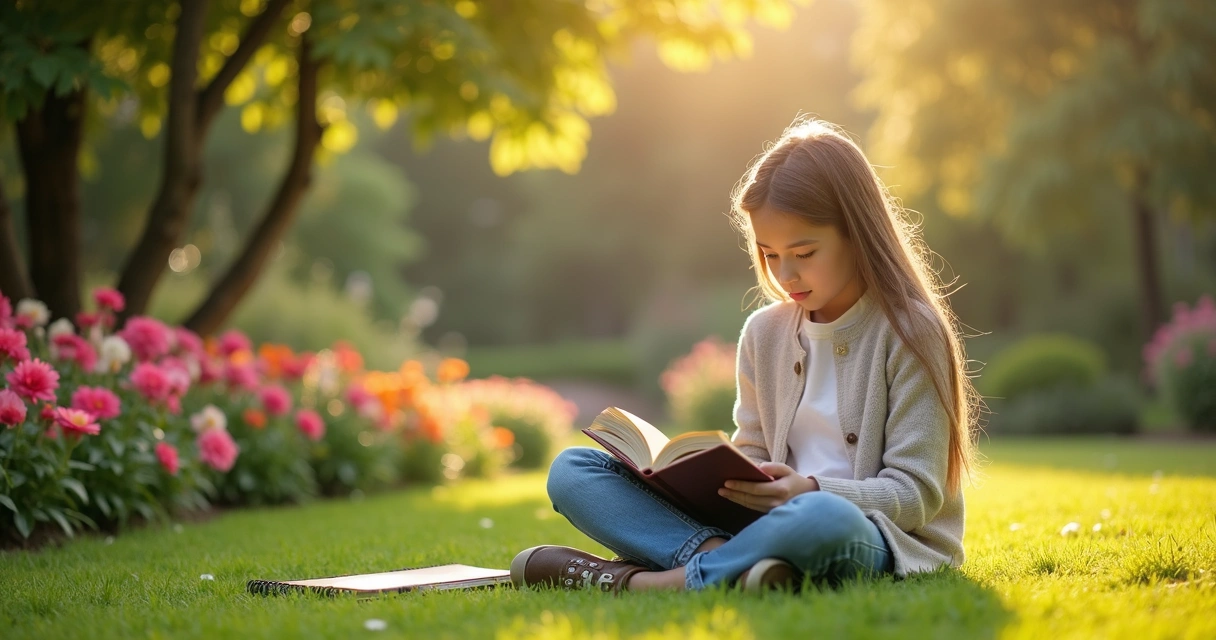 Pessoa lendo um livro ao ar livre cercada de flores. 