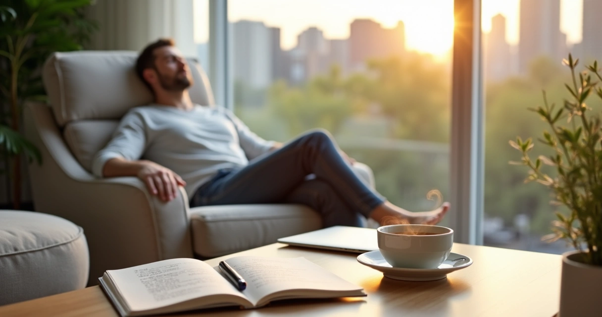 Persona descansando en un sillón mientras reflexiona frente a una ventana luminosa 